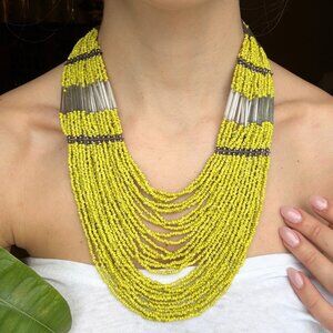 Vintage Multi-Strand Yellow Seed Bead Statement Bib Necklace - 145g
